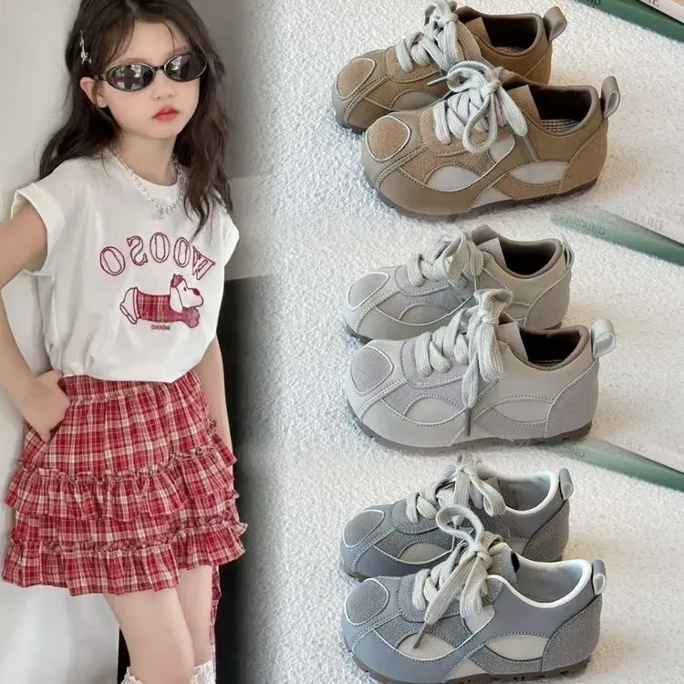 

Осень 2024, новые детские кроссовки для кампуса, кожаные модные повседневные туфли на плоской подошве для девочек, немецкая тренировочная обувь на шнуровке для мальчиков и малышей