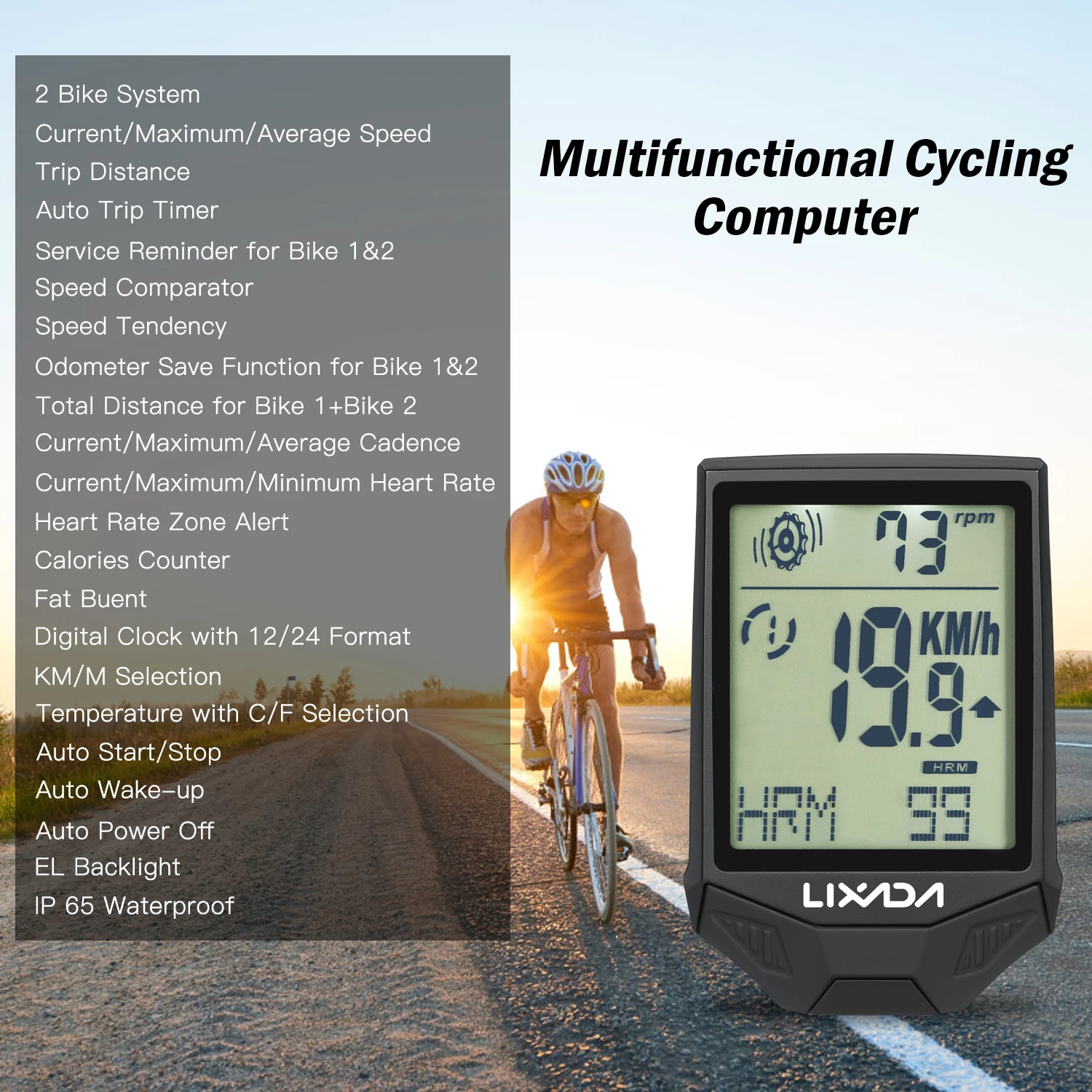 LIXADA Wireless Bike Computer Speed Meter with Heart Rate Sensor Backlight Display Multifunction Waterproof Cycling Speedometer