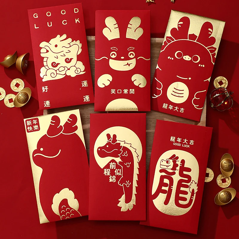 Envelopes vermelhos com sacola de presente dos desenhos animados, pacotes de dinheiro da sorte, ano novo e festival da primavera, sorte e hongbao, dragão bonito, 6 unid, 2024