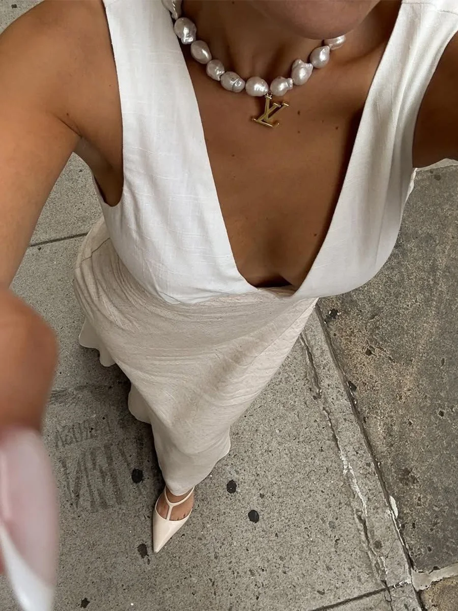 Bornladies-vestido camisola con cuello en V para mujer, vestido elegante ajustado con cintura trasera y cordones, sin mangas, novedad de verano 2026