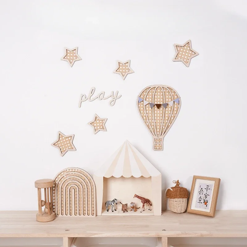 3D Wooden Rattan Children's Room Wall Sticker Kids Playroom Wall Decoration Baby Room Rainbow Balloon Desktop Ornaments Gift