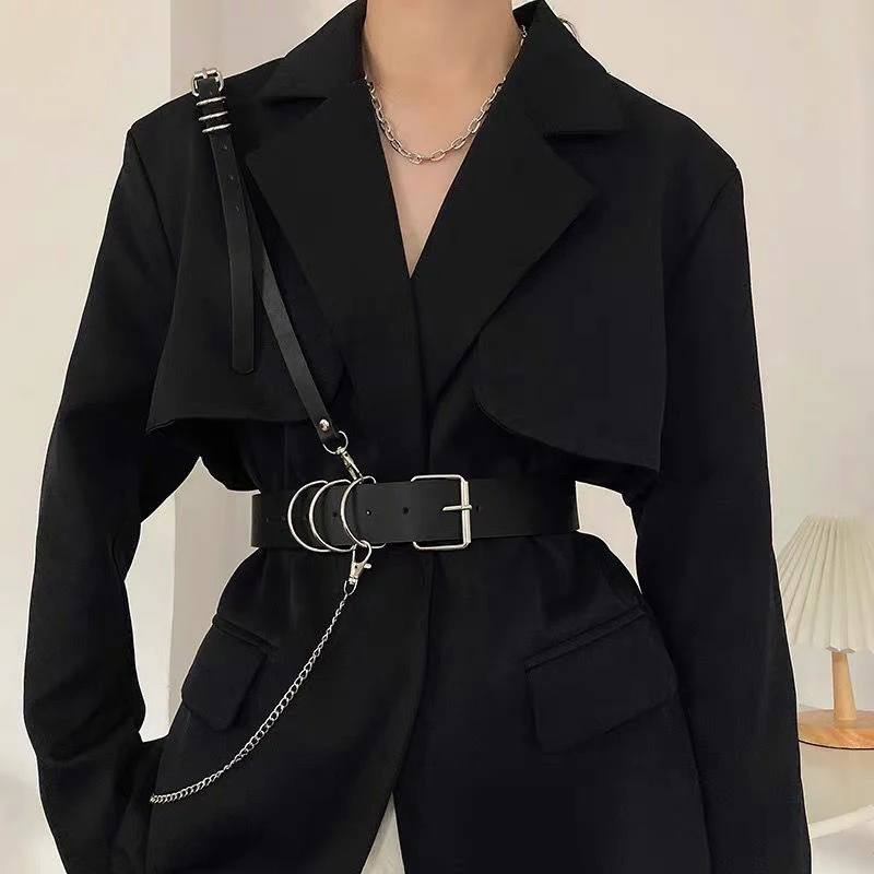 한국 펑크 스타일 탈부착 체인 벨트 남녀 공용 블랙 PU 가죽 하네스 체인 벨트 고스 코르셋 허리 벨트 액세서리