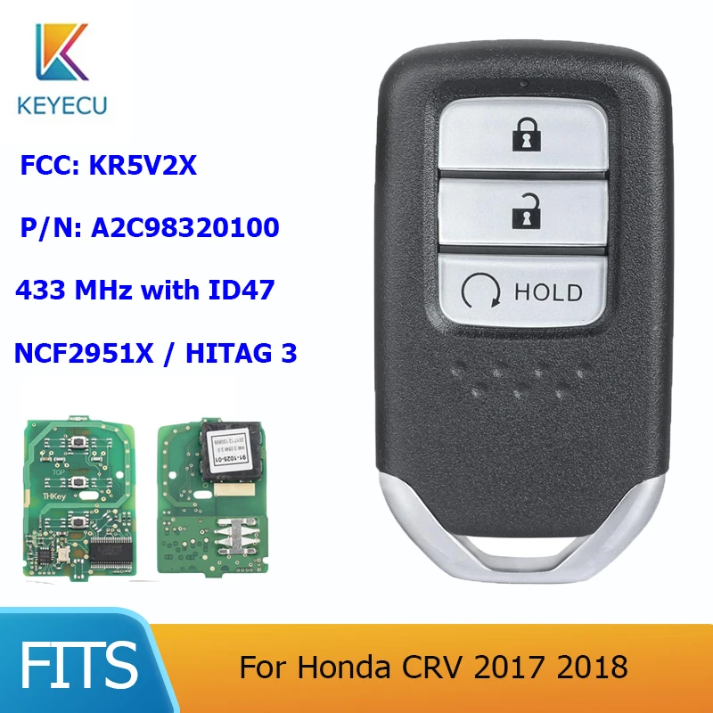 

KEYECU for Honda CRV 2017 2018 P/N: A2C98320100 3 Buttons 433MHz with 47 Chip FCC: KR5V2X Smart Remote Car Key Fob