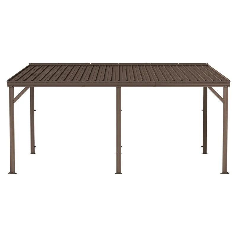 

10x16 ft Hardtop Lean-to Gazebo with Gutters, Galvanized Steel Roof, 60MPH Wind Resistant, Connectable Pergola for Patio Deck Lawn - Brown