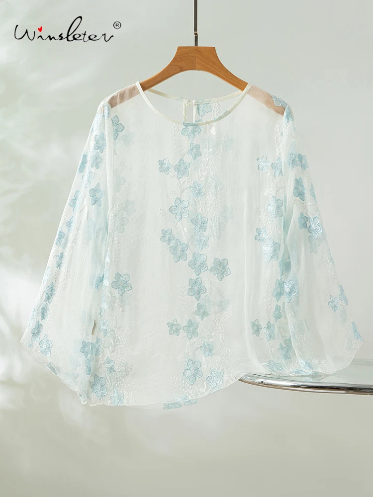 

Winsleter-Silk Elegant T-Shirt, Long Sleeve Floral Embroidery, Women Beach Vacation Sunscreen Sheer Top, 2026 Summer T65639CC