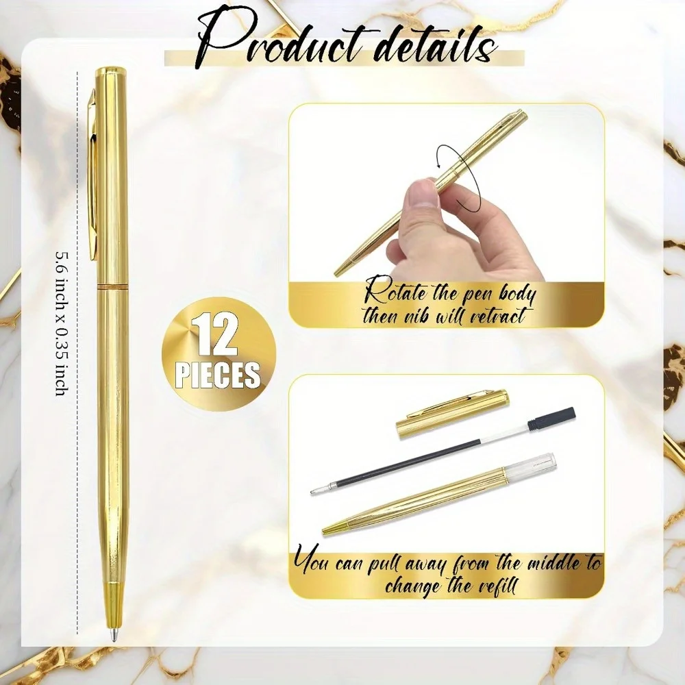 12 Stück schmale goldene Kugelschreiber, schwarze Tinte, 1 mm – schwarze Tinte, schönes Geschenk für Geschäftsbüro, Studenten, Lehrer, Hochzeit, Weihnachten – Detail 2
