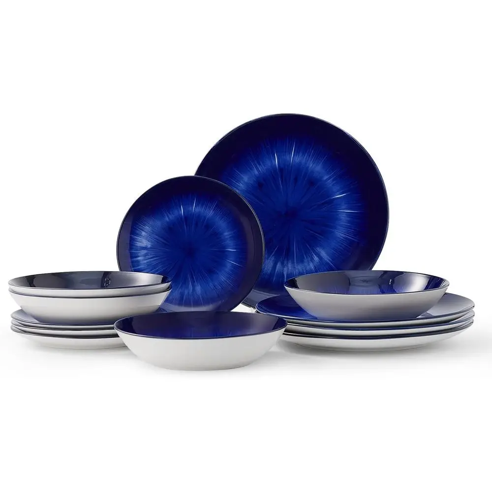 

12-Piece Round Porcelain Dinnerware Set, Service for 4, Chip Resistant, Starburst Turquoise & Blue, Dishwasher & Microwave Safe