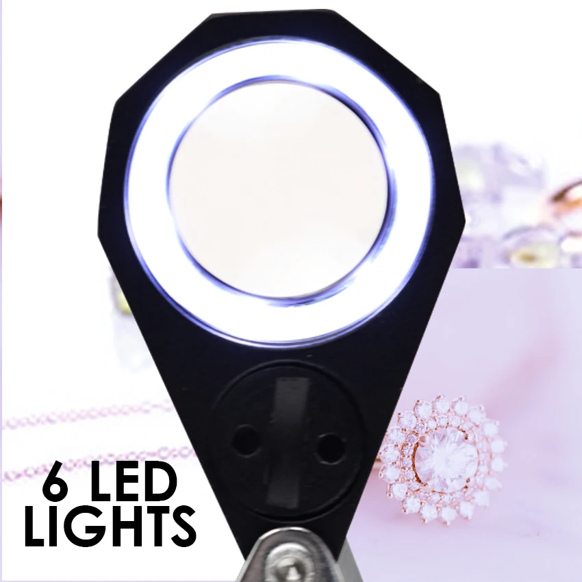 10x Magnification Triplet Optic Lens Jeweler Loupe Magnifier + 6 LED Light, 21mm Foldable Tool