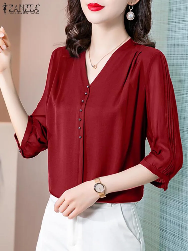 ZANZEA Elegant Satin Blouses Women Casual Everyday 3/4 Sleeve Pleated Shirts 2024 Summer Solid Color V Neck Button Up Tunic Tops