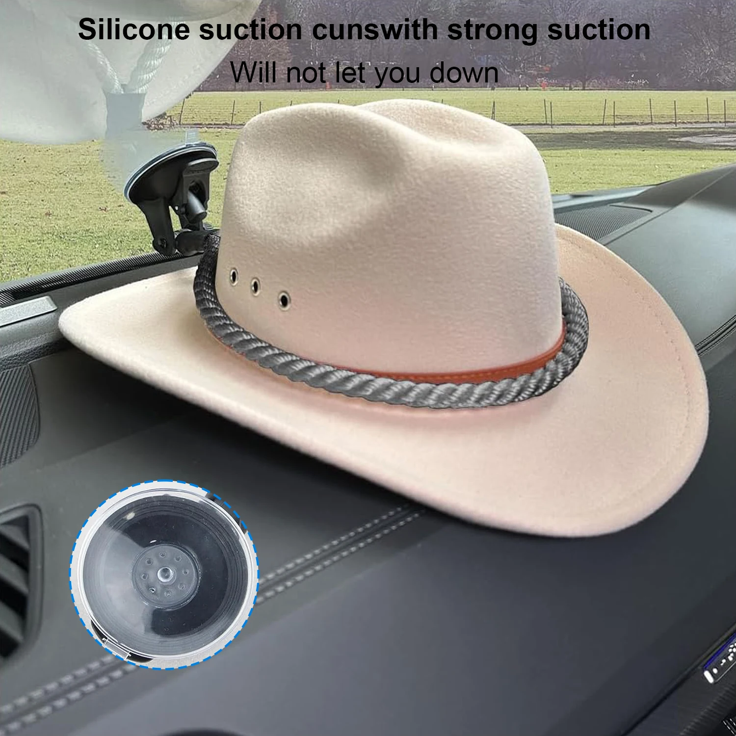 Car Dash Hat Mounts Cowboy Hat Holder Rack with Suction Cup and Handmade Rope Universal Cowboy Hat Hanger for SUV Truck Home