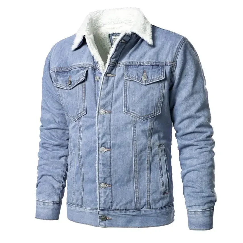 Jaket Denim Biru Muda Pria Mantel Denim Kasual Ramping Jaket Jeans Musim Dingin Tebal Katun Kualitas Tinggi Pria Baru Mantel Hangat XS-6XL