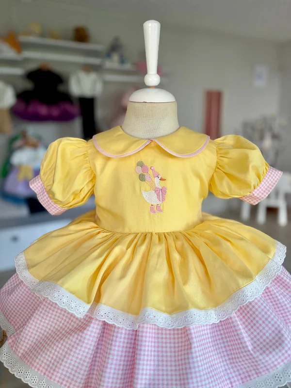 Summer Girl Sweet Duck Balloon Embroidered Pink Checkered Yellow Dress For Casual Party Birthday Wedding Photography
