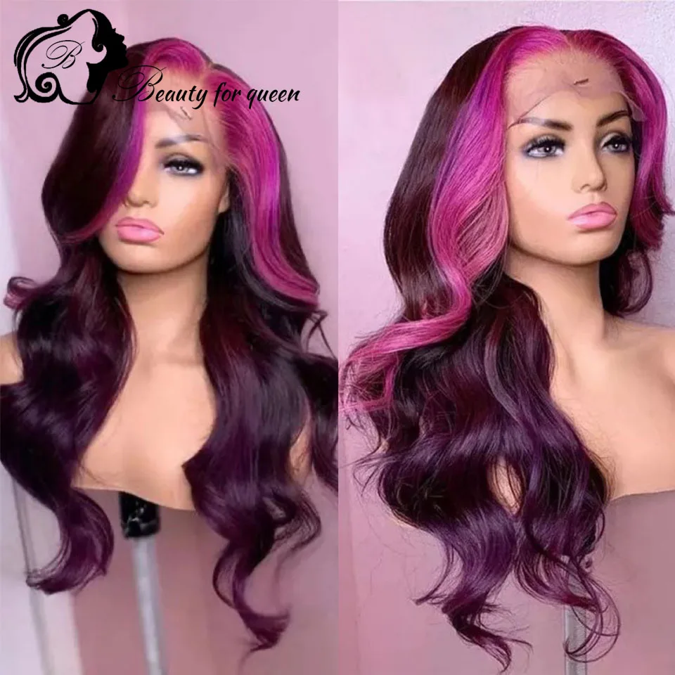 

High Quality Body Wave Transparent 13x4 Lace Front Wig Brazilian Purple Highlight Colored Human Hair 2026 Customize