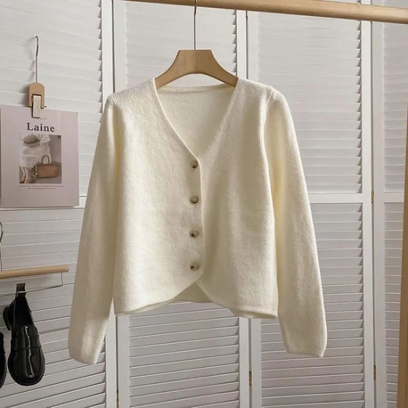 

OCEANLOVE Short Cardigans Woman V Neck Preppy Style Autumn Winter Sweaters Korean Fashion Solid Simple Casual Sueter Mujer