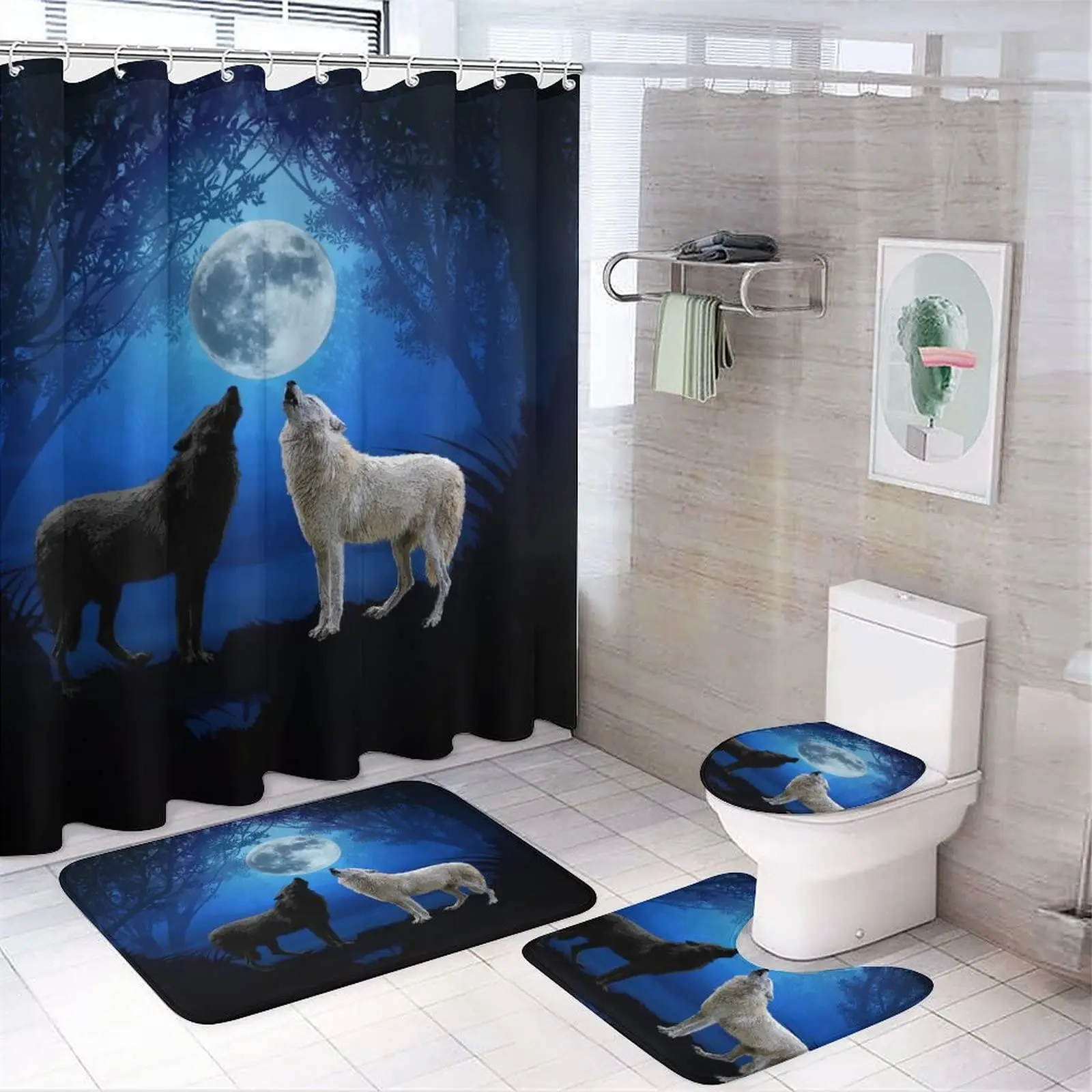 4 PCS Magic Wolf Shower Curtain Set,Art Sakura Howling Wolf Bathroom Waterproof Bath Curtain,Non-Slip Bath Mat Toilet Cover Set