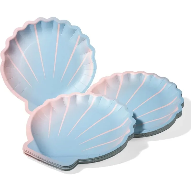 24Pcs Under The Sea Party Seashell Blue Pink Disposable Paper Plates for Mermaid Birthday Baby Shower Wedding Party Supplies