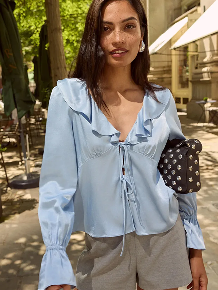 Bule Lace Oversized Chiffon Blouse Lapel Collar Women's Casual Long Sleeve Shirt 2025 Autumn High Street Fashion Pullovers