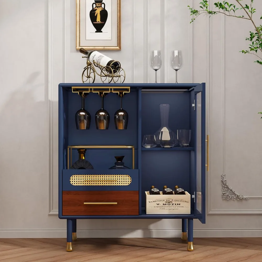 Modern Coffee Bar Cabinet with Wine Glass Rack and Drawers, Blue Liquor Storage Cabinet for Kitchen, Pull-Out Wine Storage Solut