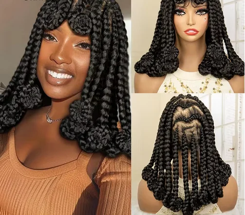 Bantu Braided Wigs for Black Women Synthetic Full Lace Bob Cornrow Braid Wigs with Baby Hair Natural Color Synthetic Wigs