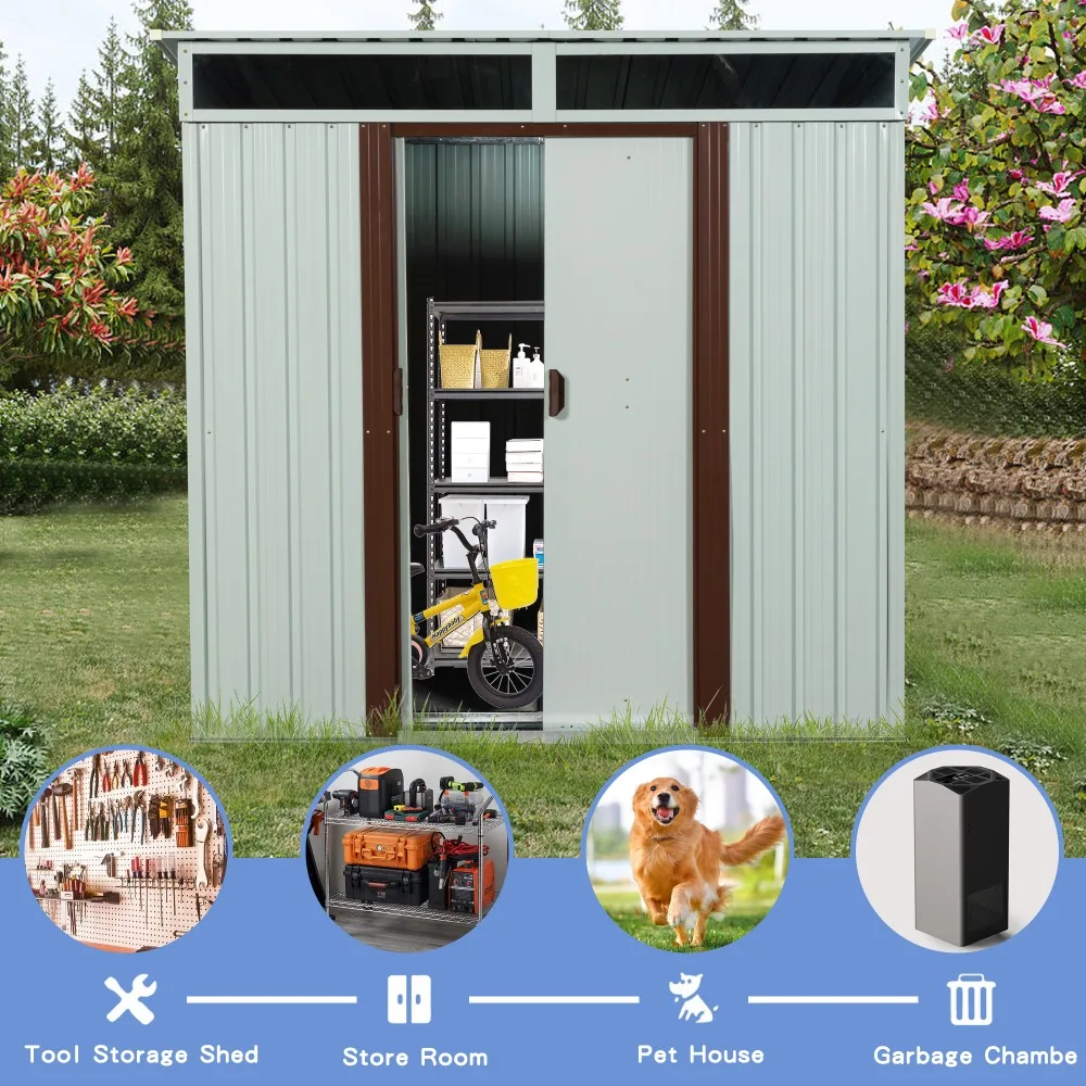 

Outdoor Metal Storage Shed 6 x 5Ft, Weatherproof Garden Shed with Lockable Sliding Doors, Utility Tool Storage House for Lawn