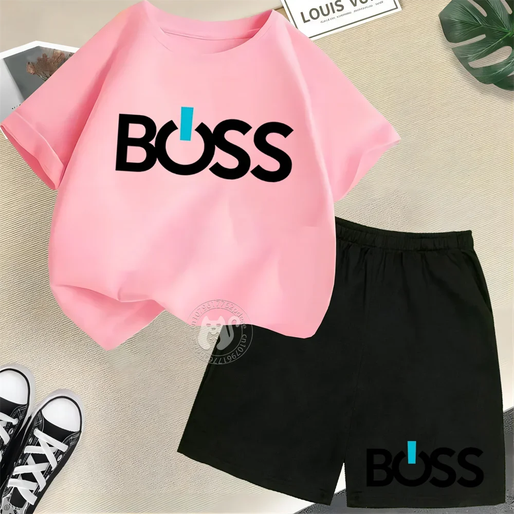 

Teen boys Girls street casual suit top Kids Summer Simple letter BOSS Print Short sleeve T-shirt + Shorts