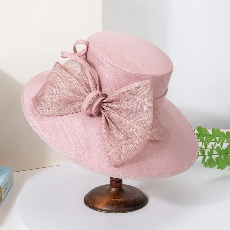 Elegant Wide Brim Black Hats For Women Big Bow Formal Occasion Kentucky Cap Lady Wedding Cocktail Party Flat Top Fedoras