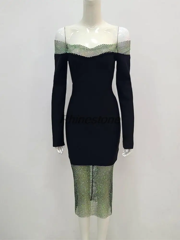 Autumn Shiny Mesh Diamond Spliced Sexy Off Shoulder One Line Neck Bandage Party Banquet Dress