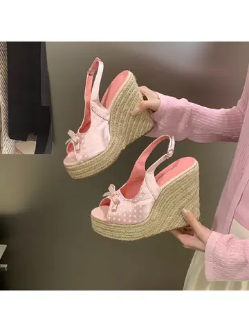 Aneikeh Summer Thick Soled Grass Woven High Heels Casual Retro Roman Sandals Polka Butterfly-kont Wedge Platform Woman Sandals