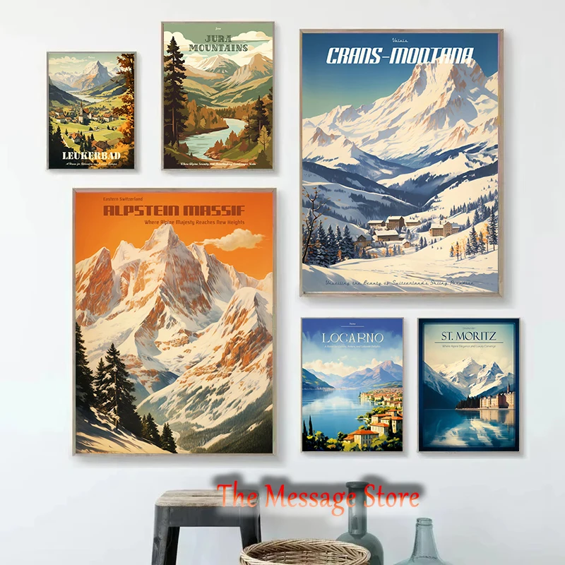 Switzerland Swiss Flumserberg Leukerbad St Moritz Crans-Montana Alpstein Massif Traveling Poster Canvas Painting Wall Pictures