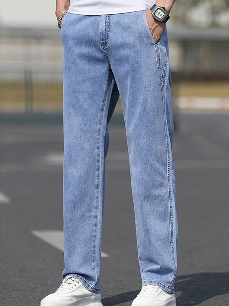 

Модные прямые джинсы, мужские свободные ретро классические эластичные повседневные популярные брюки, мужские синие растянутые джинсовые брюки размера плюс 40, 42,