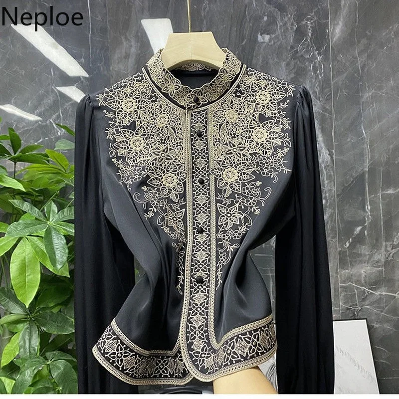 

Elegant Blouses Womens Clothes Tops Vintage Blusas De Mujer Stand Collar Embroidery Blouse Korean Fashion Long Sleeve Shirt