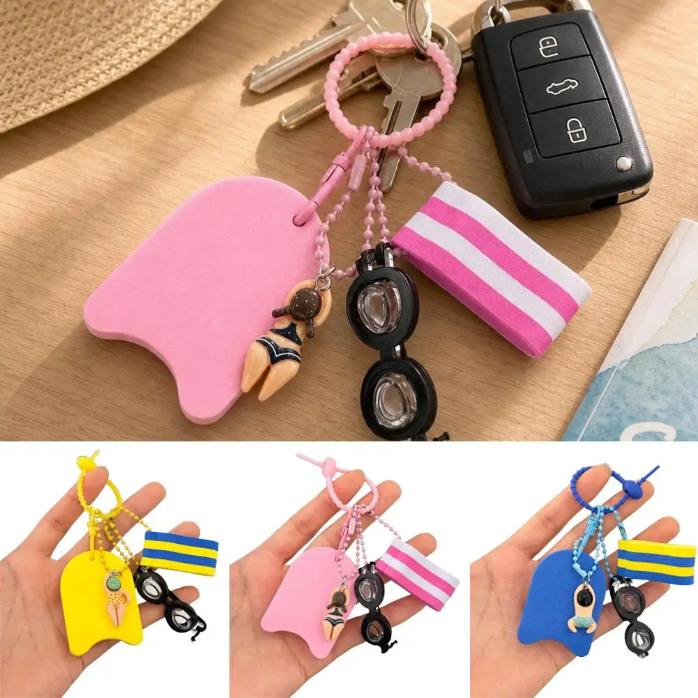 Cute Swim Themed Keychain With Mini Goggles Kickboard & Swimmer Charms Floating Keyring Bag Pendant Water Sports Bag Decoration