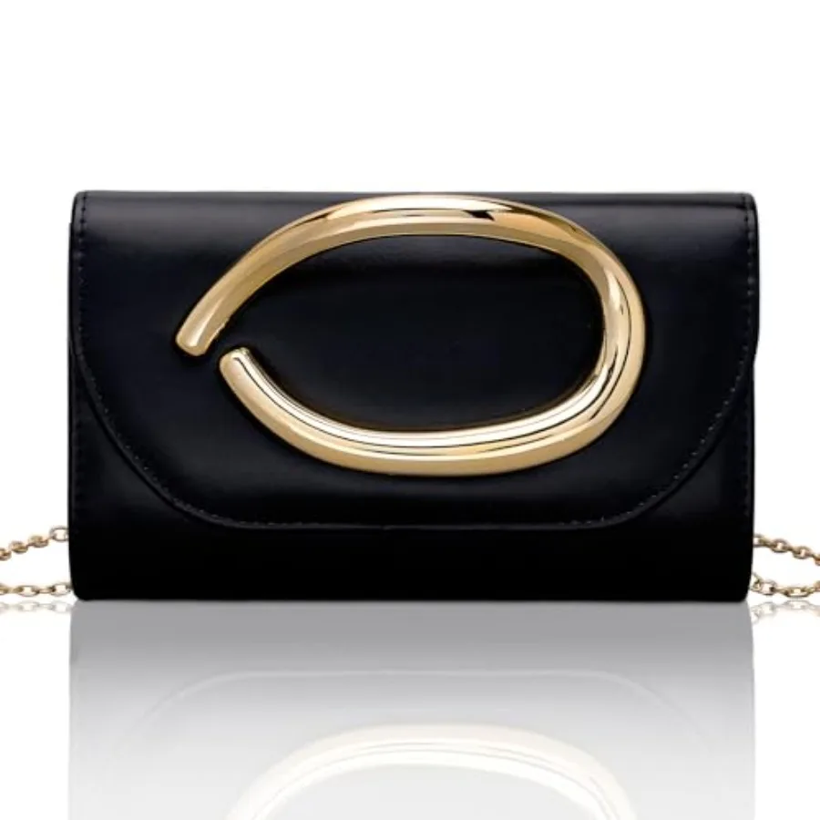 

Larcenciel Leather Evening Clutch Purse for Women w/3D Gold Acrylic Handle and Chain, Formal Party Handbag for Wedding Cocktail