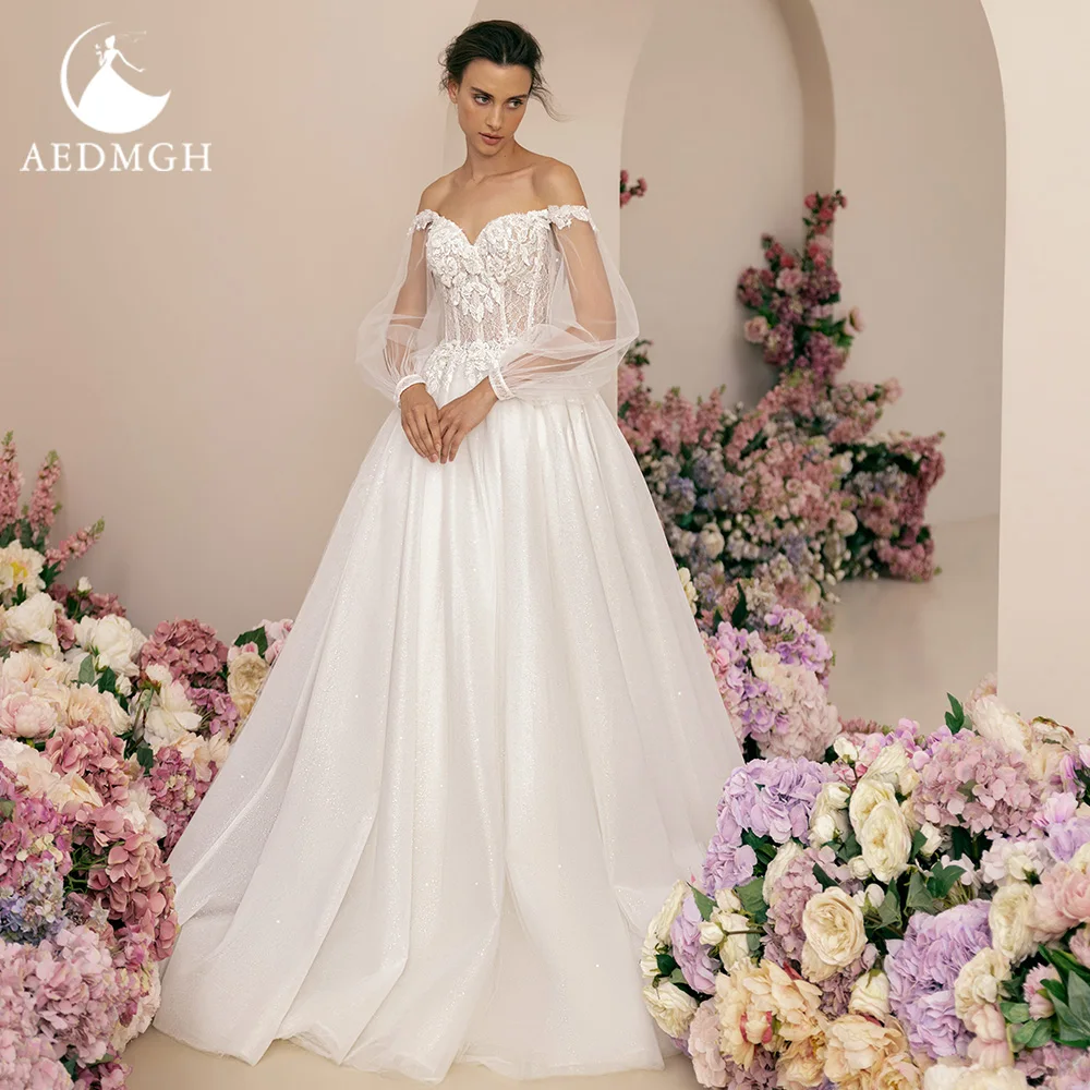 Aedmgh A-Line Romantic Wedding Dresses Sweetheart Off The Shoulder Vestido De Novia Lace Appliques Custom Made Bridal Gown
