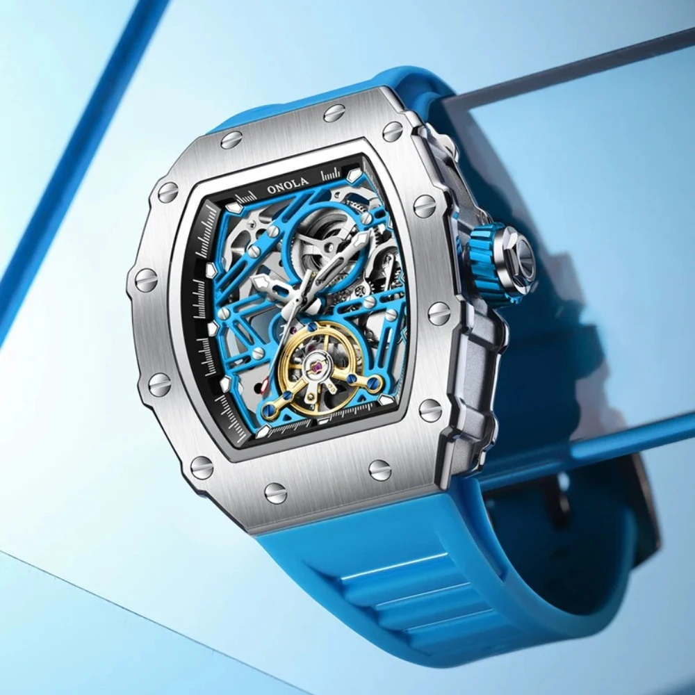 ONOLA 3854 Automatic Movement Men Watch Ourbillon Waterproof Silicone Strap Tonneau Mechanical Watches for Men Relogio Masculino