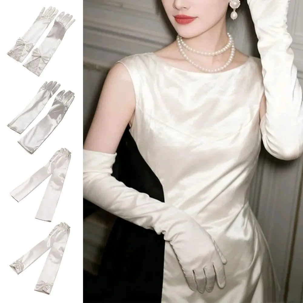 Vintage Handmade Wedding Gloves Lace Trimmed Long Sleeve Satin Gloves Multiple Styles White Satin French Gloves Wedding Party