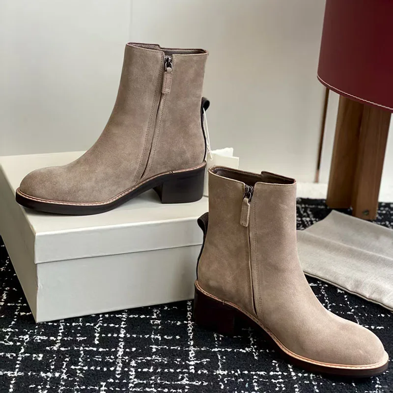 جديد جلد الغزال حذاء من الجلد سلسلة نسائية سلسلة حبة كعب مربع أحذية امرأة جولة تو دراجة نارية أحذية بوت قصيرة النساء بوتاس #2