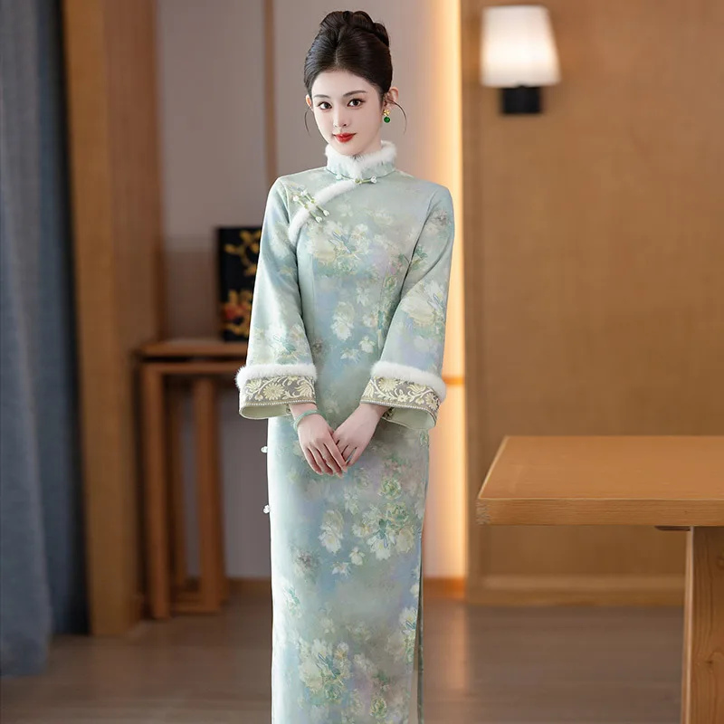 

Зеленый национальный стиль Сучжоу с длинными рукавами, улучшенный Cheongsam, зимний плотный женский новый китайский стиль, новинка 202, осеннее Ципао