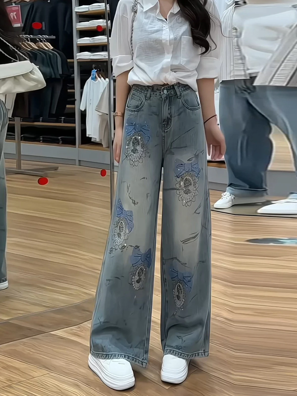 

American Graffiti Rhinestone Wide Leg Jeans Women's Spring New Loose Slim Straight Cut Pants High Waist Pocket Detail