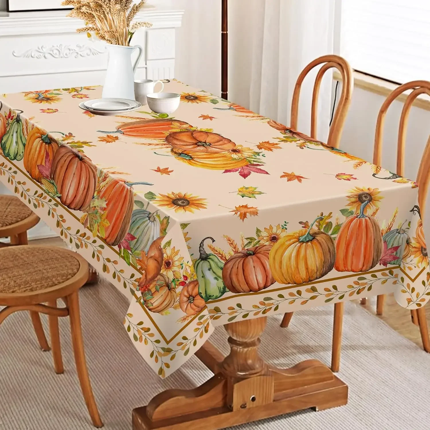 Rectangle Fall Thanksgiving Tablecloths Autumn Watercolour Pumpkin Maple Leaf Table Cover for Home Party Dining Room Table Decor