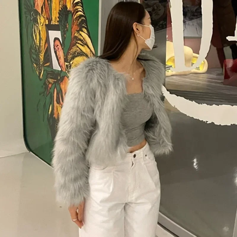 

Short Slim Mink Fur Outwear For Lady Winter Women's Faux Fur Coat Long Solid Fluffy Hair Female's Artificial Fur Jacket