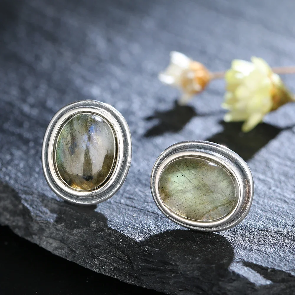 Natural 8x10MM Labradorite Stud Earring for Women 925 Sterling Silver Jewelry Simple Vintage Anniversary Party Birthday Gift