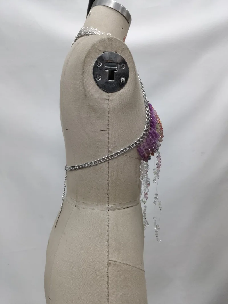 Fashion Hanging Neck Sexy Vest Colorful Gemstone Body Chain Chest Chain Hollow Out Beaded Top B25491