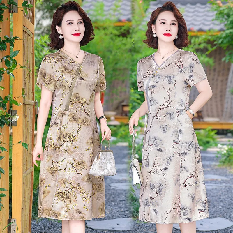 Summer Flares Floral Mulberry Silk Midi Dress Korean Vintage Casual Dress Women Elegant Loose Waist Party Dress