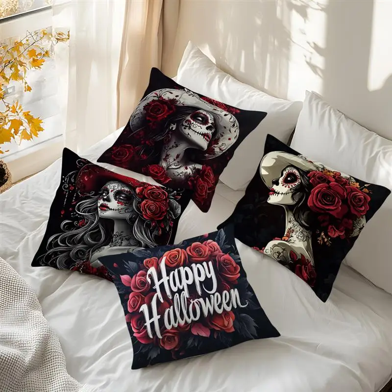 Halloween Rose Skeleton Bride Cushion Cover Skull Theme Pillowcase Cartoon Ghost Pillow Cover Halloween Party Decoration
