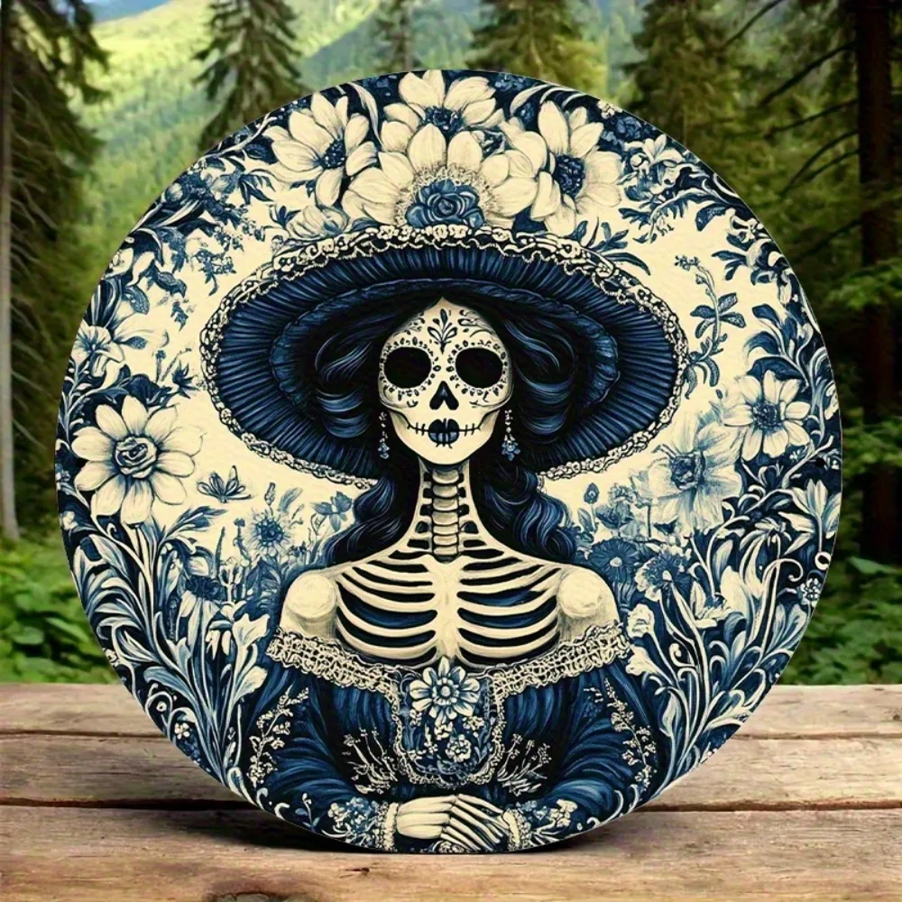 La Catrina 2D Flat Round Aluminum Wall Art - Elegant Dress Floral Skeleton, Day of the Dead Theme, Home Office Decor