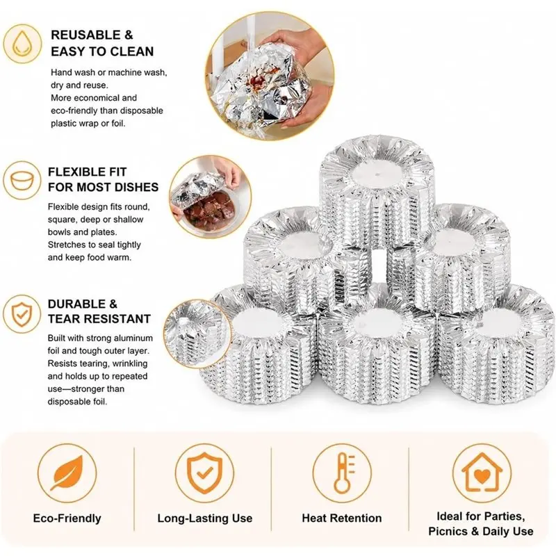 100 Pack Aluminum Foil Insulation Covers Stretch Elastic Food Bowl Wraps For Bowls Plates Containers-[ToolMr A83]