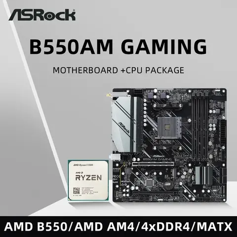 ASRock B550AM GAMING Motherboard Set Kit with Ryzen 5 5500 CPU 4xDDR4 M.2 NVME HDMI AMD B550 Support 5700x3D mATX AM4 Mainboard