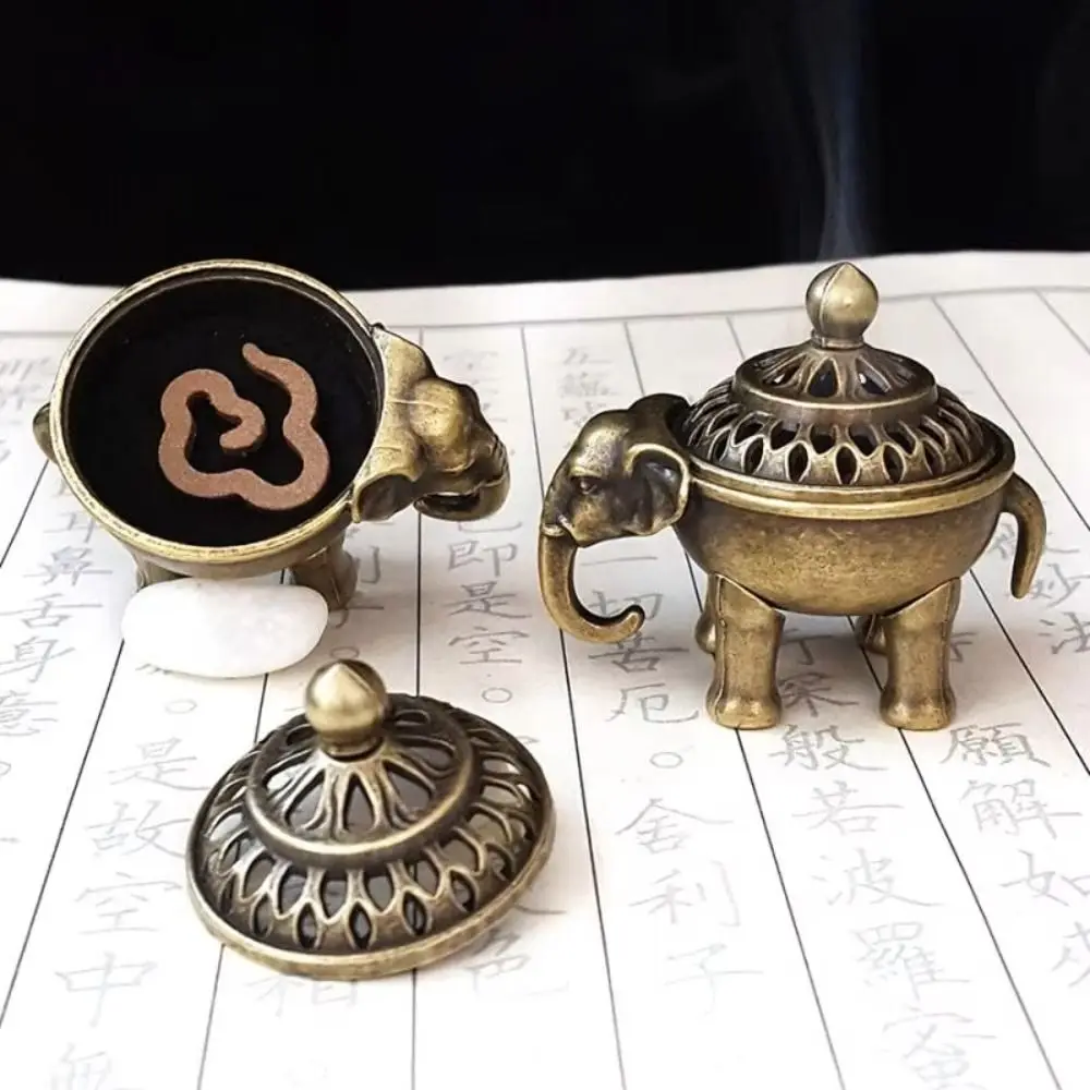 Vintage Alloy Sandalwood Incense Burner Elephant Lucky Hollow Out Lotus Incense Censer with Handle Mini Three Legged Stove