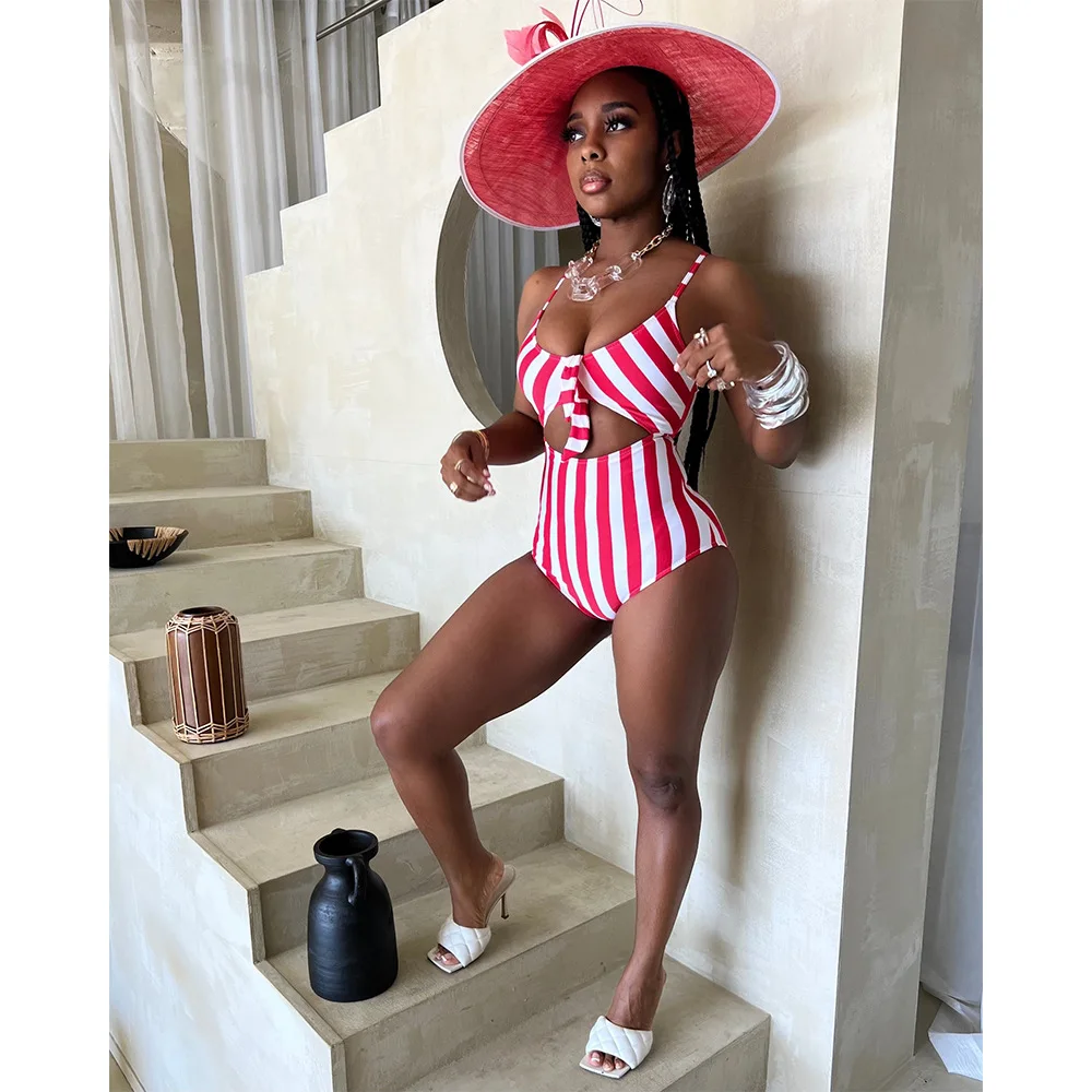 

HAOOHU women's 2023 summer new fashion sexy street striped print swimsuit one-piece beach casual resort style youth hot sale